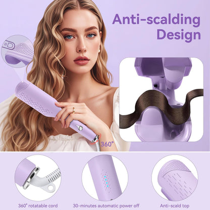 Lilac wave curling iron with rotating clamp and handle, viewed at an angle