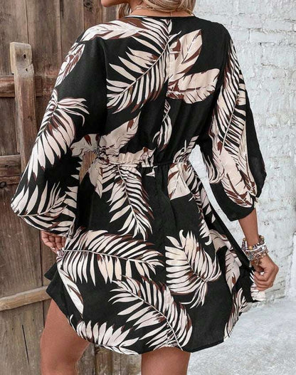 Women's Printed Batwing Sleeve Dress With Botanical Design