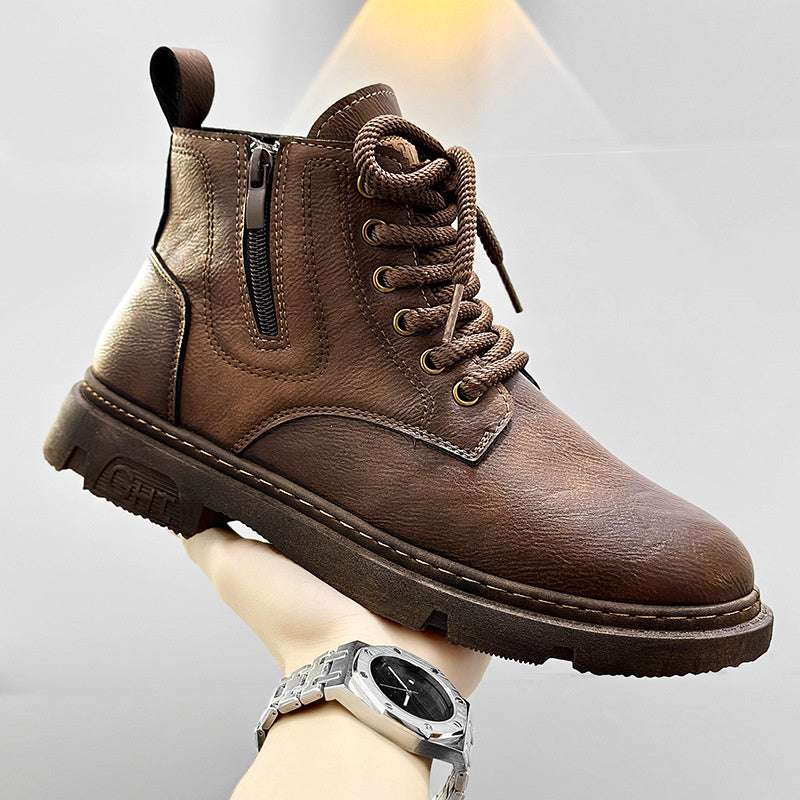 Brown leather ankle boots with side zip, lace-up, and chunky rubber sole