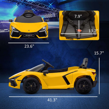 Yellow 12V kids ride-on car, side profile with black seat and wheels