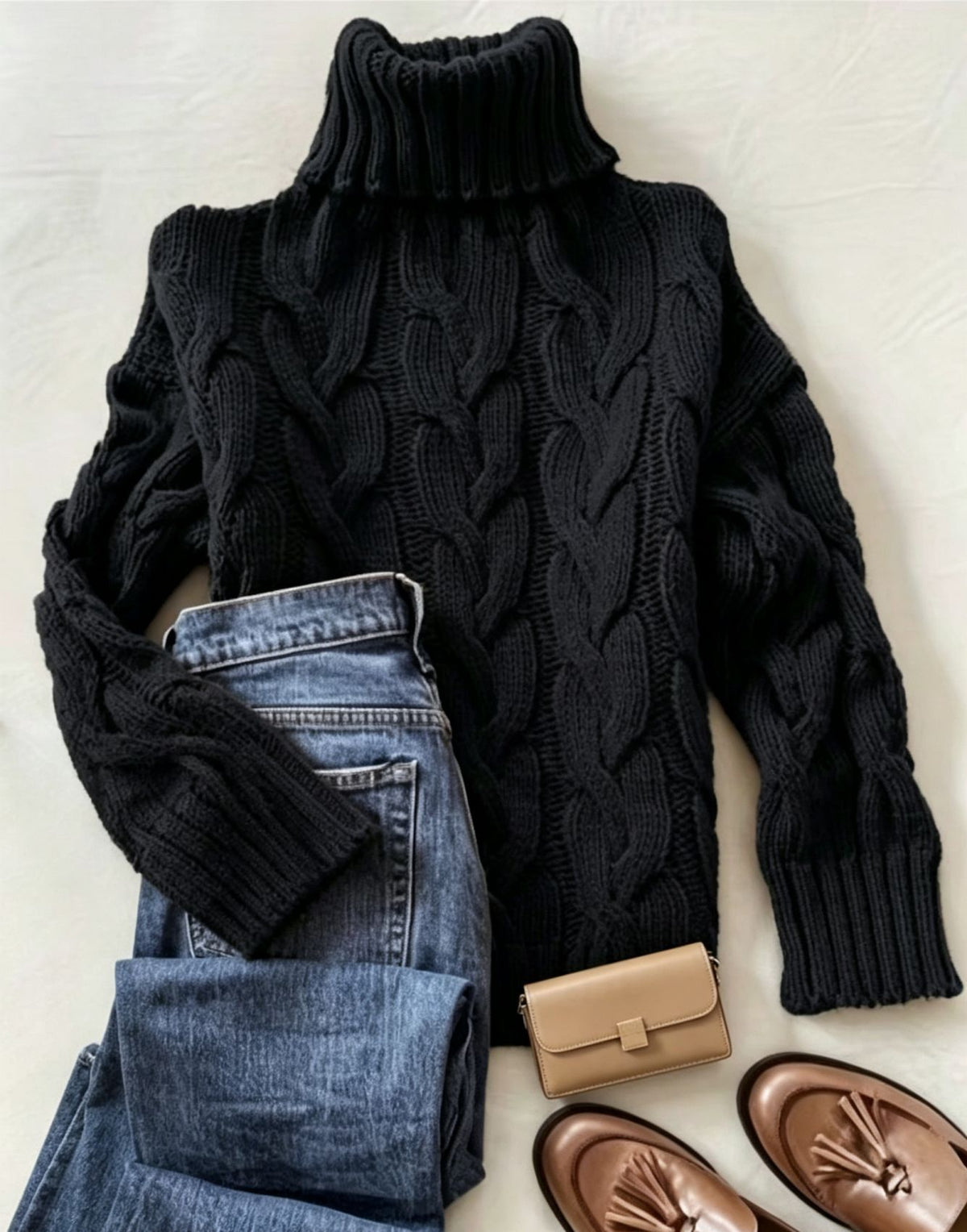 Black cable-knit turtleneck long-sleeve sweater with chunky cable texture and ribbing.