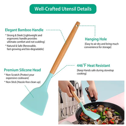 {{ brand }} 11 Pcs Silicone Cooking Utensil Set - Heat Resistant with Wooden Handles - 11Pcs Silicone Cooking Utensil Set Heat