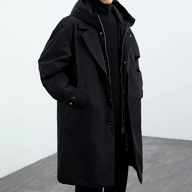 Men's Mid-Length Trench Coat with Hood Men's False Two Pieces Hooded Mid-length | Ectron Online