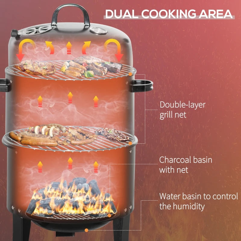 Vertical charcoal smoker with dual cooking grates and lid, flames visible