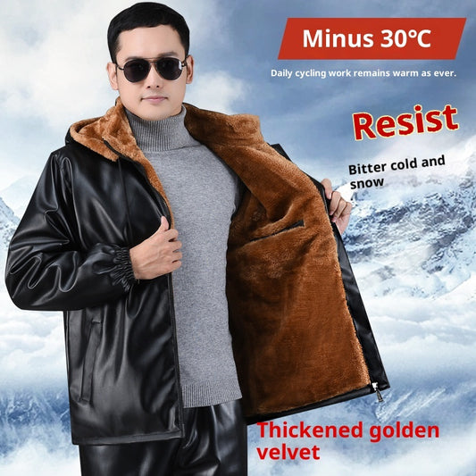 Winter Fleece-lined Plus Thick And Wide Leather Coat For Men