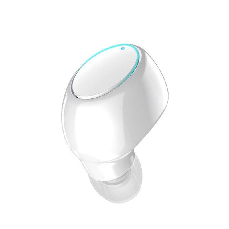 White mini wireless in-ear headphones with blue LED indicator and clear ear tip
