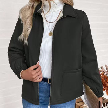Women’s Fleece Zip-Up Jacket | Warm Lapel Collar Winter Coat Women's Solid Color Fleece Jacket, Lapel | Ectron Online