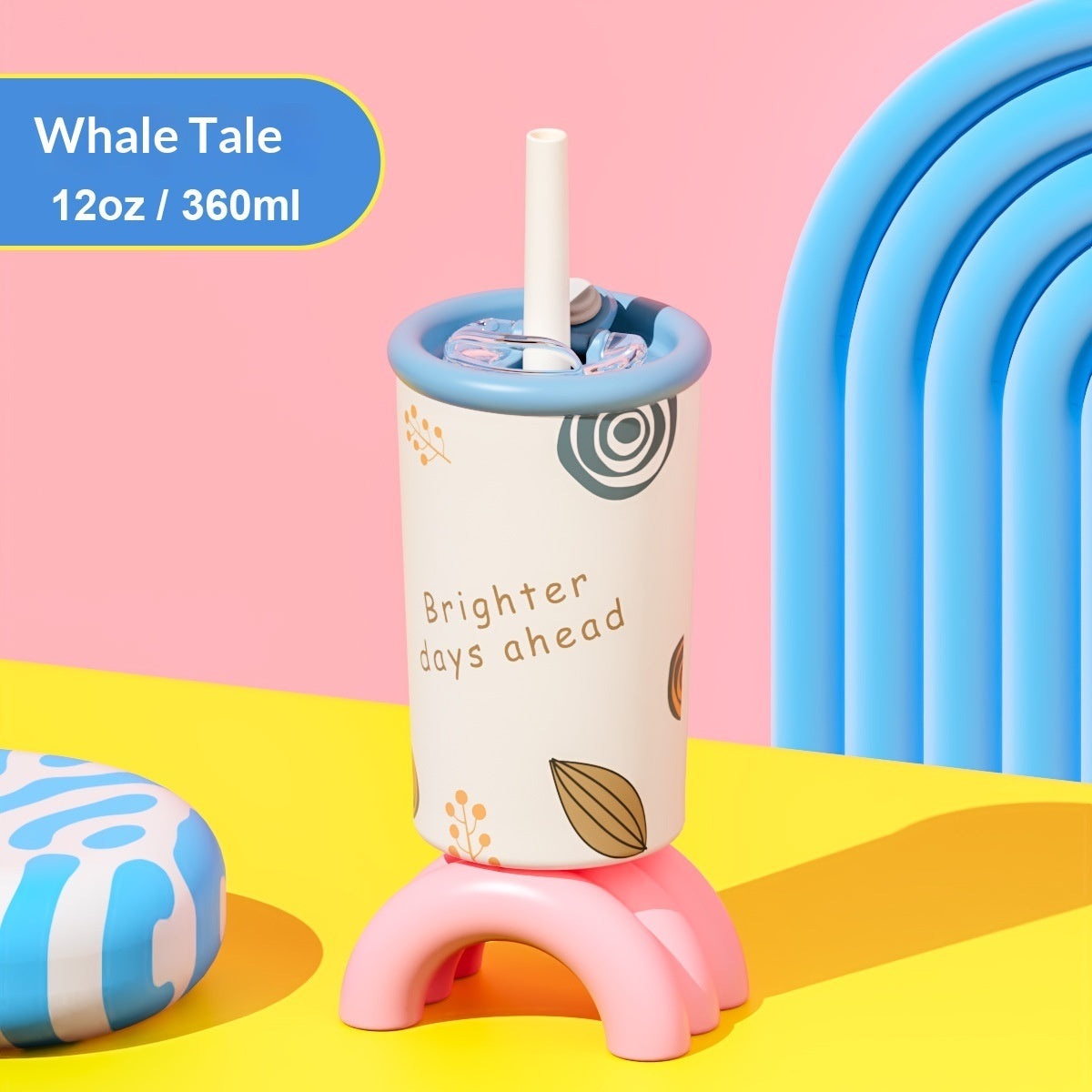 Kids leak-proof water bottle with flip straw lid and blue whale-themed cup, 360ml