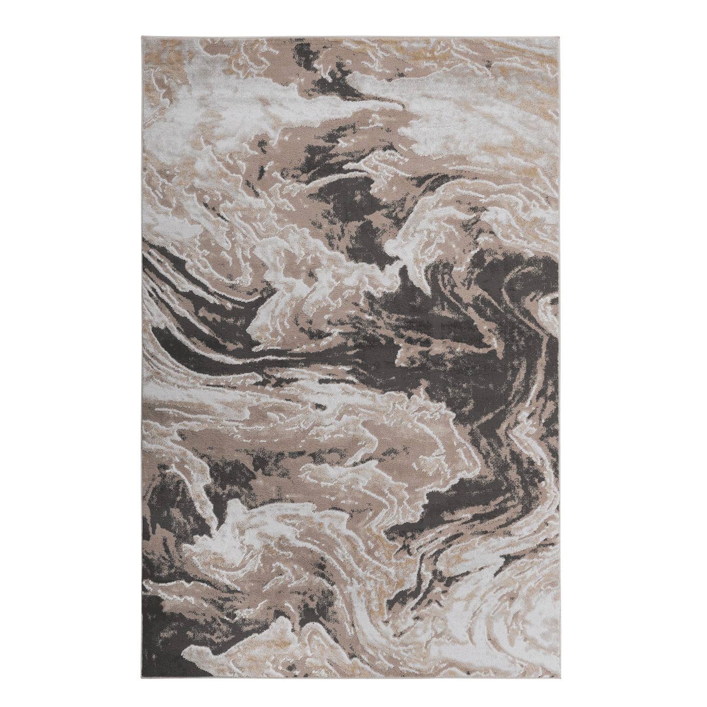 Abstract area rug with beige and light brown marble-like design and dark gray