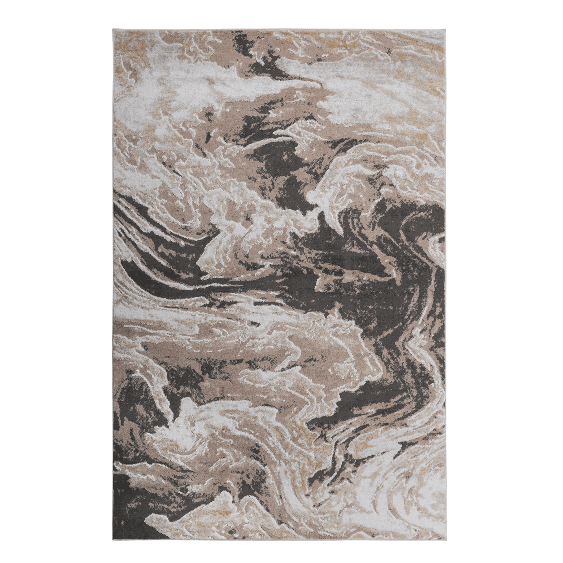 Abstract area rug with beige and light brown marble-like design and dark gray