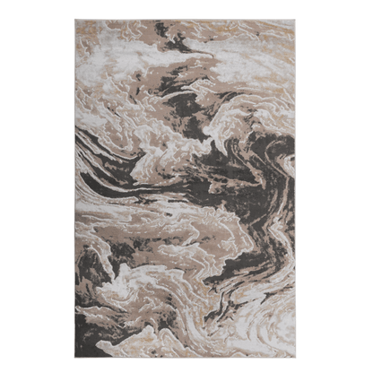 Abstract area rug with beige and light brown marble-like design and dark gray