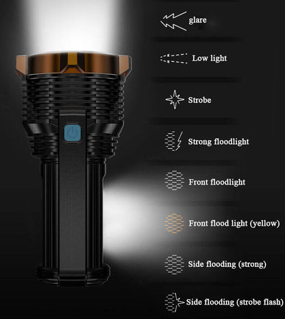 Black rechargeable LED flashlight with orange ring, side button, and front LED array
