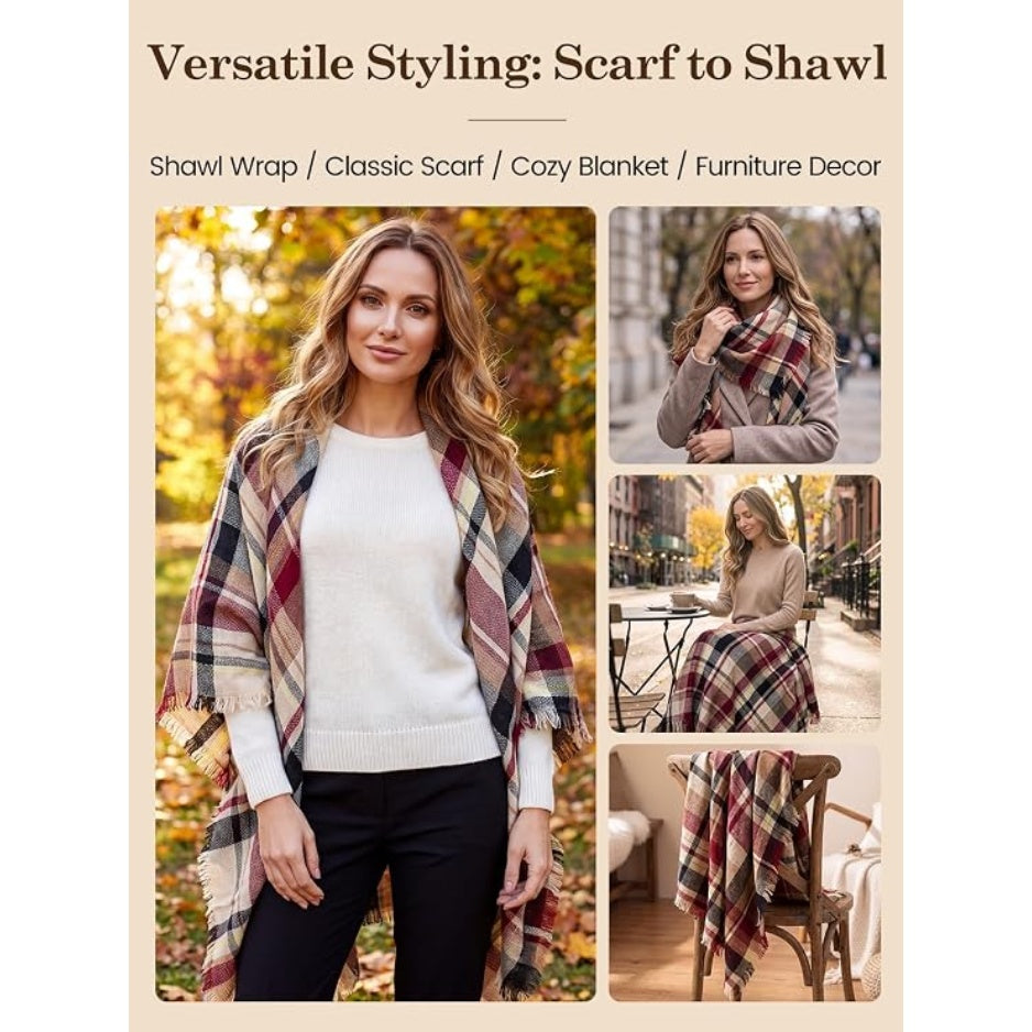 Plaid shawl scarf with fringe, burgundy and cream tones, worn over a sweater