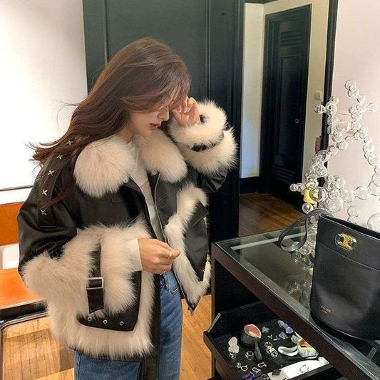 Sense Fox Fur Stitching Leather Coat