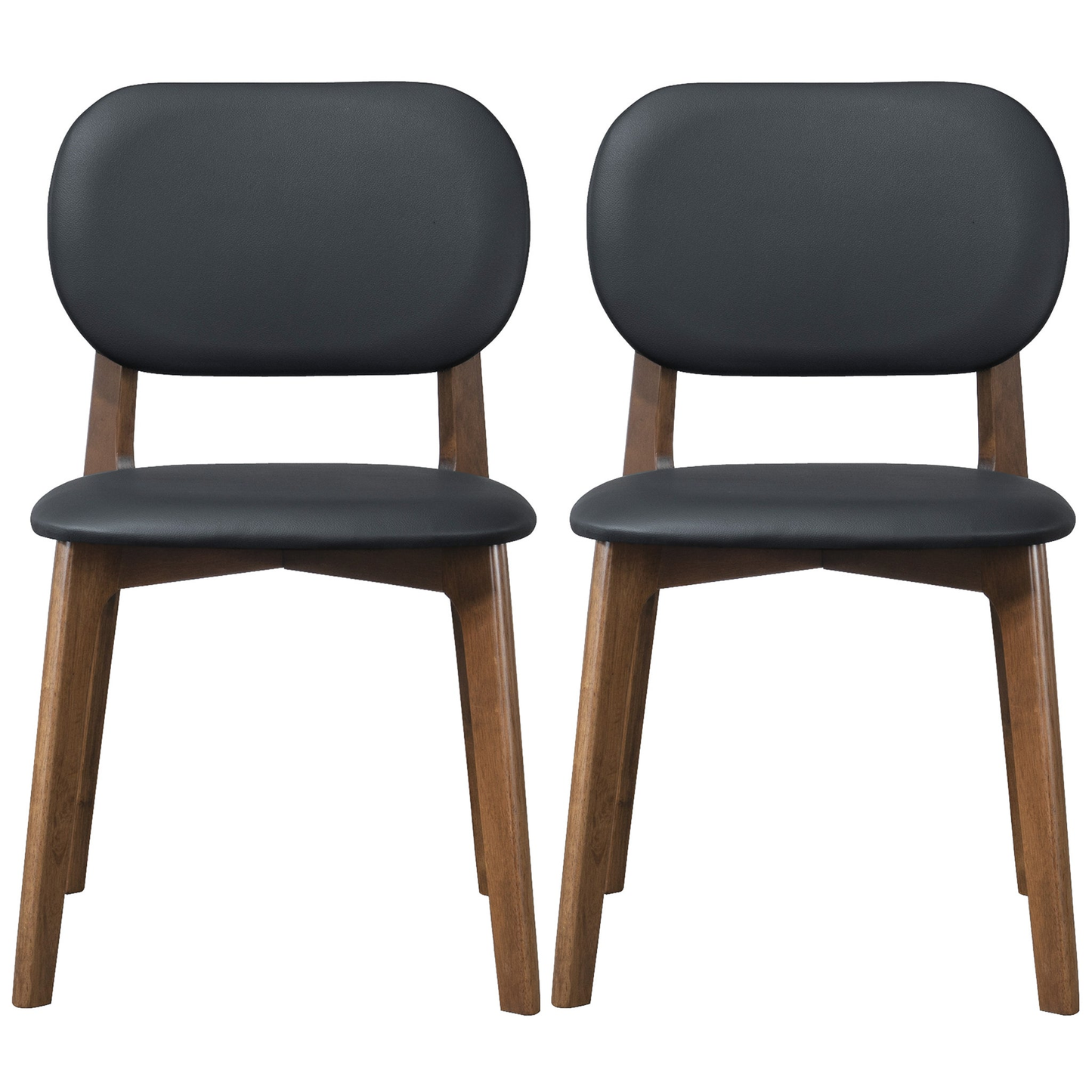 Set of 2 black leather dining chairs, close-up of rounded backrests and seats