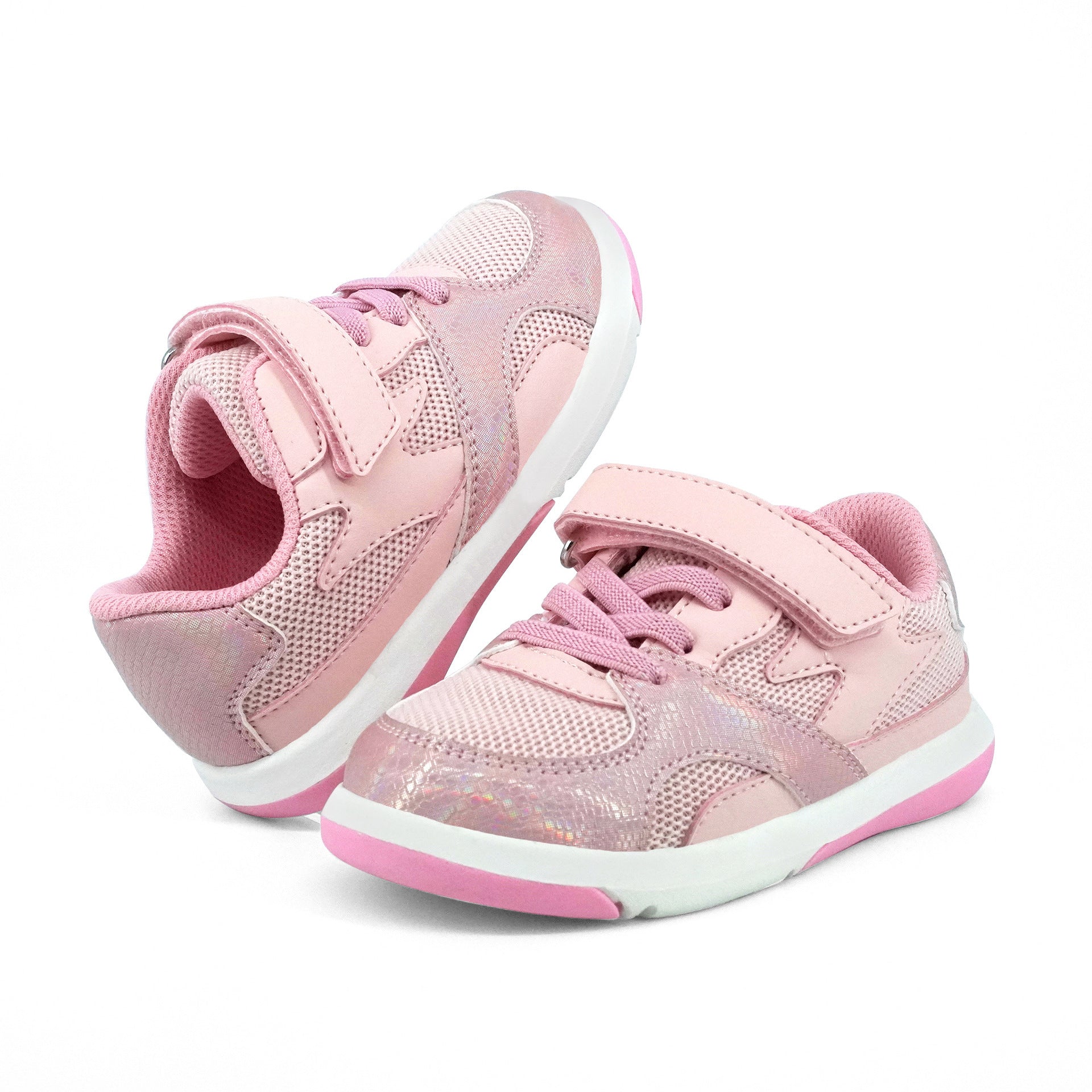 Light pink children's sneakers with Velcro strap, lace-up, and white sole