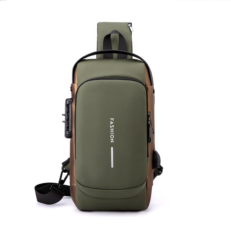 Anti-theft chest bag with adjustable strap, olive green body and brown side panels