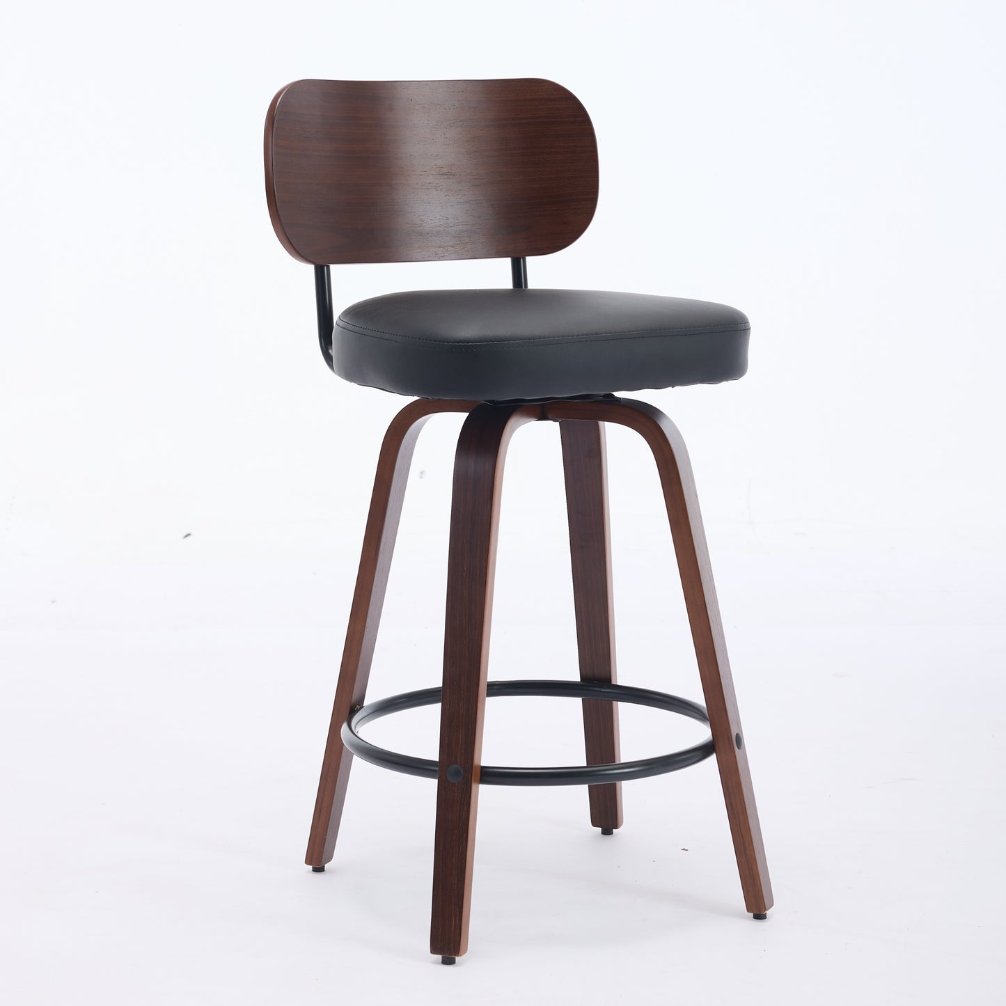 Set of 2 Swivel Counter Stools - Black Faux Leather & Walnut Back