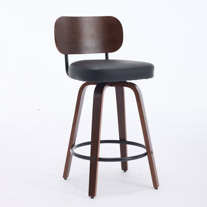 Swivel counter stool with black faux leather seat and rounded walnut back, ring footrest