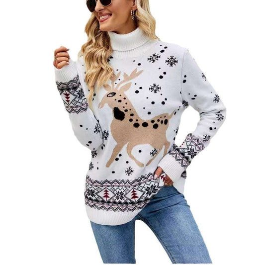 Woman wearing a white sweater with reindeer and snowflake pattern on a white background