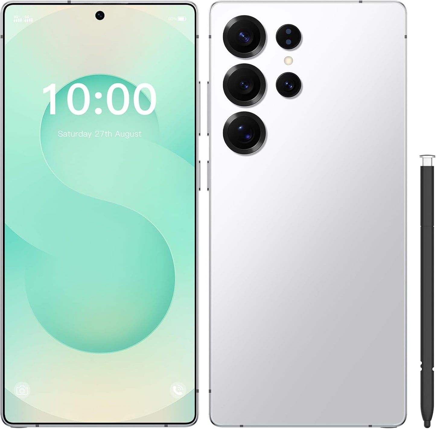 Silver unlocked smartphone with front display and multi-lens rear camera array