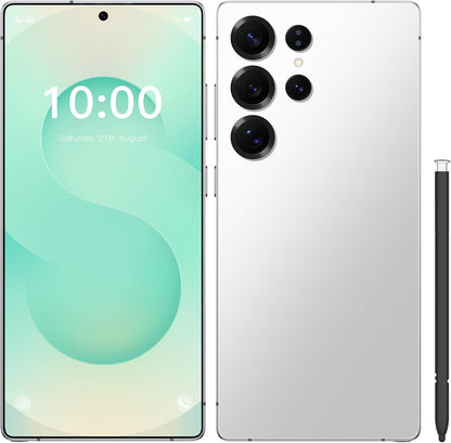 Silver unlocked smartphone with front display and multi-lens rear camera array