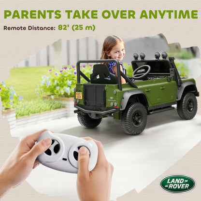 Dark green kids ride-on SUV on paved surface with parent-style remote driving view
