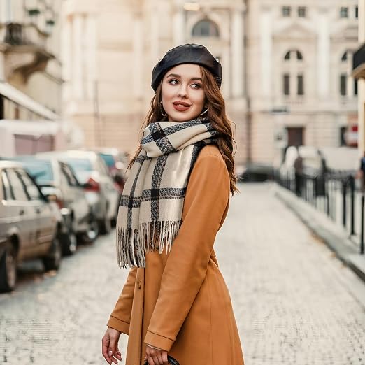 Women’s plaid long scarf wrap in beige and dark checks, with fringed ends