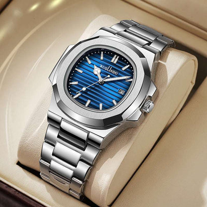 Stainless steel luminous men's wrist watch with blue dial, metal bracelet, side crown