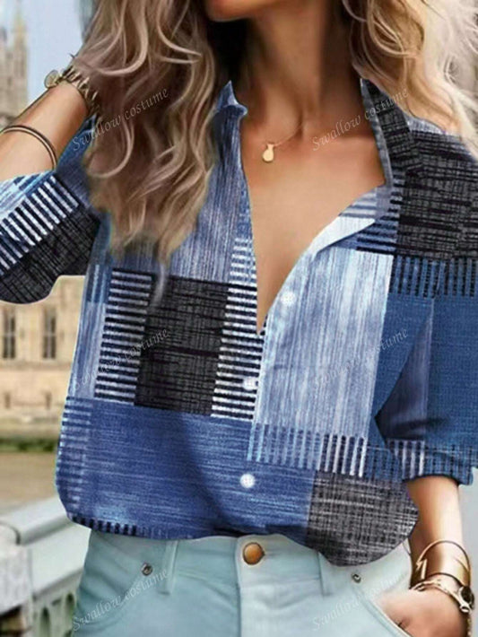 Color Block Button Print Long Sleeve Casual Retro Shirt