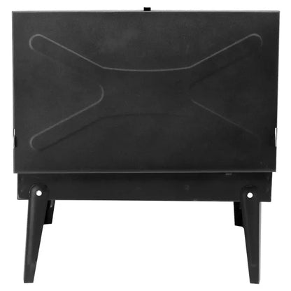 Black square charcoal grill body with closed lid and four legs