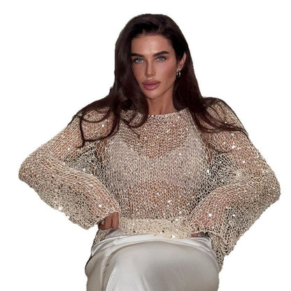 Sequined hollow-out knit top in pink, long sleeves and crew neckline