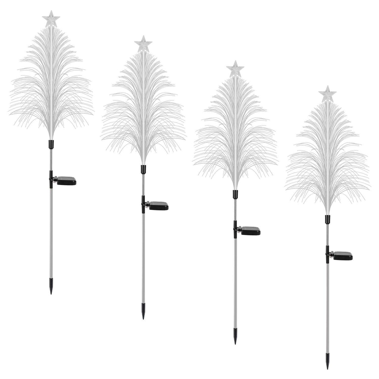 Four decorative garden stakes with feather-like designs on a white background