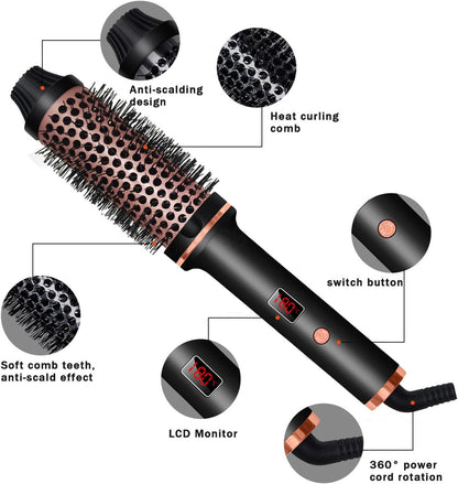 Black thermal brush curling iron with rose-gold bristle comb, LCD monitor, and switch button