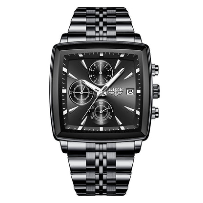 Square dial wristwatch with black face and black-and-silver metal link bracelet