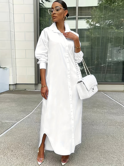 Women’s solid white longline button shirt with collar, long sleeves, and front buttons