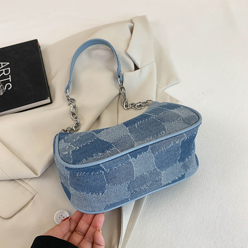 Denim Shoulder Bag Simple Plaid Patchwork Underarm Bag Women