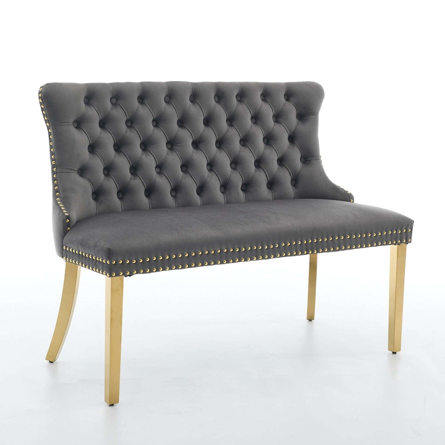 Gray velvet tufted loveseat bench with gold stud trim and gold legs, wide seat