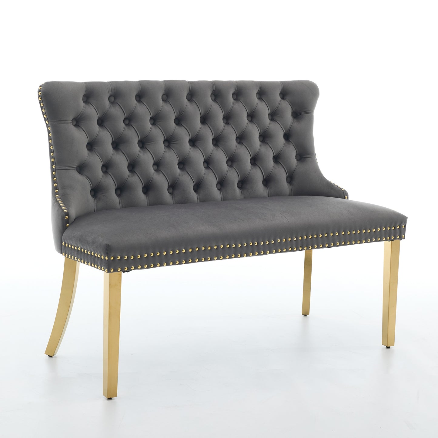 Gray Velvet Tufted Dining Loveseat Bench with Gold Legs - 2-Seater