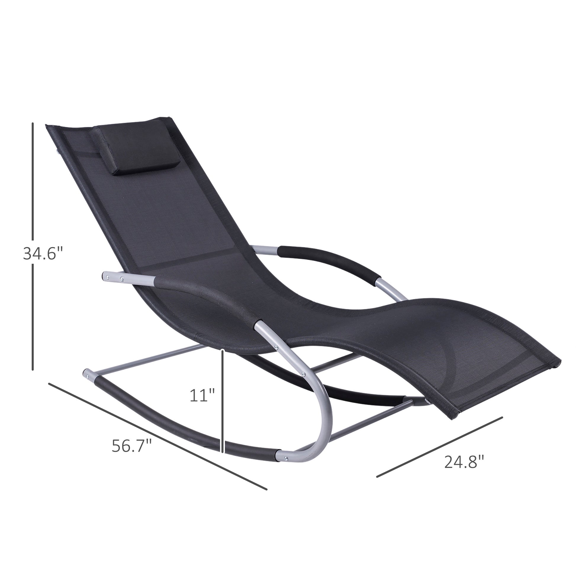 Black outdoor zero gravity rocking chair with sling seat and curved tubular steel base
