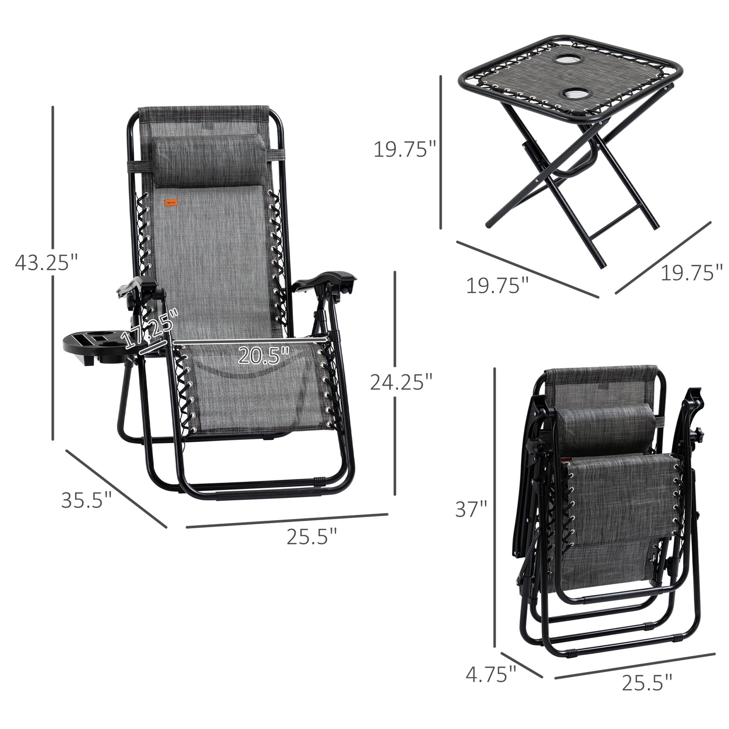 Zero Gravity Chair Set with Side Table - Folding Reclining Loungers