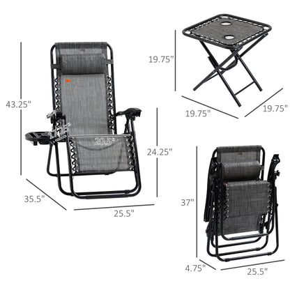 Grey mesh folding reclining lounge chair with black metal frame and matching side table