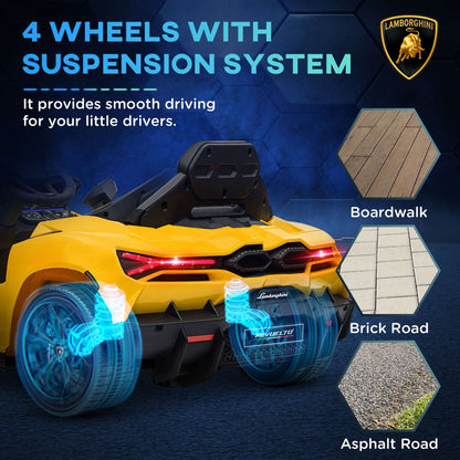 Yellow 12V kids ride-on car with black rear bumper and glowing blue wheels