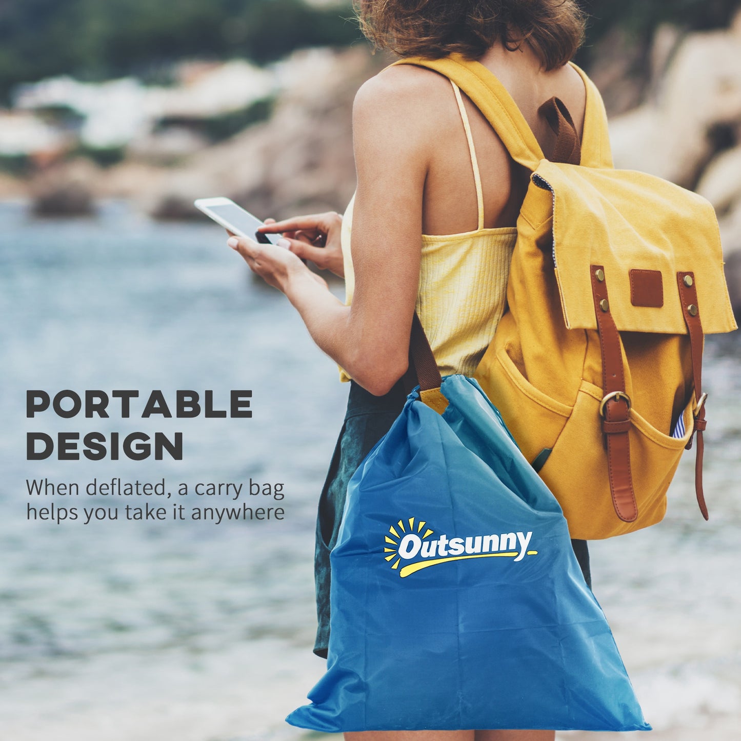 Blue cold plunge tub with carry bag shown, near a person holding a phone
