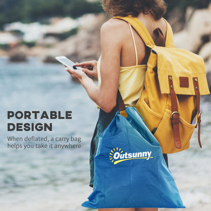 Blue cold plunge tub with carry bag shown, near a person holding a phone