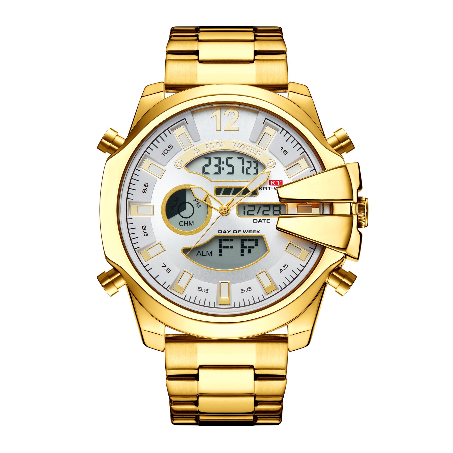 Gold sports watch with white dial and dual digital displays, gold link metal strap