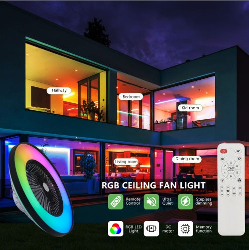 23" Smart Black Ceiling Fan - RGB LED Dimmable with Remote Control