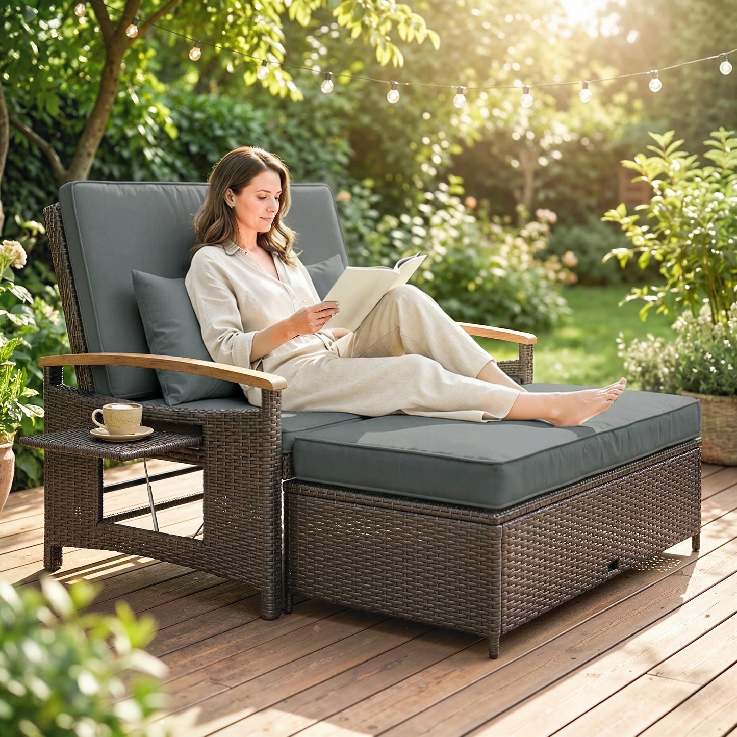 Rattan Outdoor Daybed with 4-Level Adjustable Backrest - Gray
