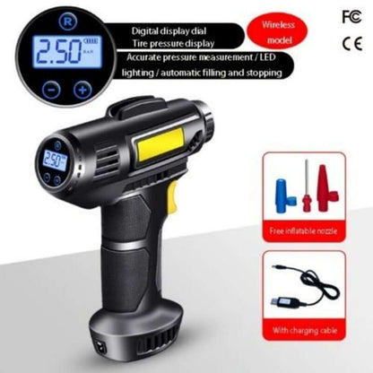 Black tire inflator with blue digital display and wireless model icon, yellow nozzle