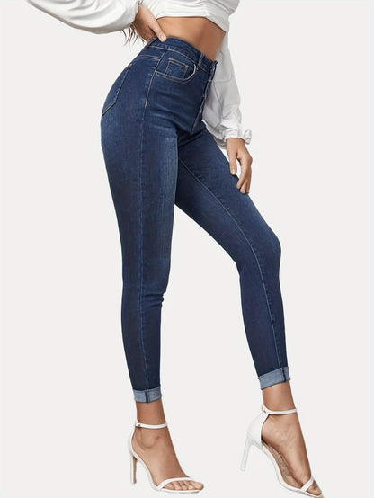 Women's Contrast Color Slim Jeans | Stretch Rolled Hem Cropped Denim Contrast Color Slim Fit Stretch Rolled H | Ectron Online